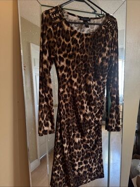 INC International Concepts Brown Leopard Print Long Sleeve Dress